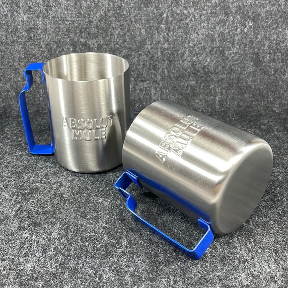 NEW Set of 2 Stainless steel Absolut Mule mug w/ blue vodka bottle shape handle - Picture 2 of 8